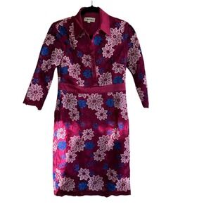 Metisu Floral Lace Appliqué Dress, Satin Collar + Waist, Lined, Sz M Magenta